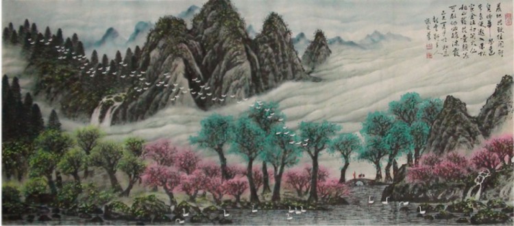 天鹅戏水泛桃花